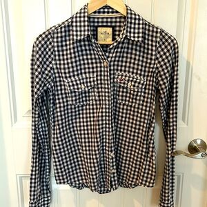Hollister navy and white checked button up shirt. Size S